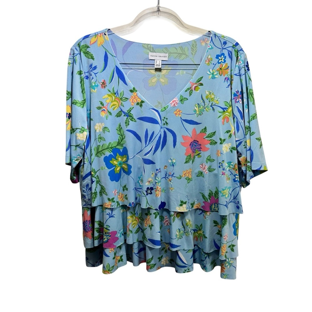 Susan Graver Liquid‎ Knit Floral Cottagecore Ruffles Tunic Top L Blue V-Neck